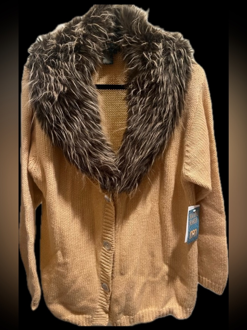 Y2K Marsh Vintage Faux Fox Fur Collar Long Tan button down Cardigan Sweater QVC